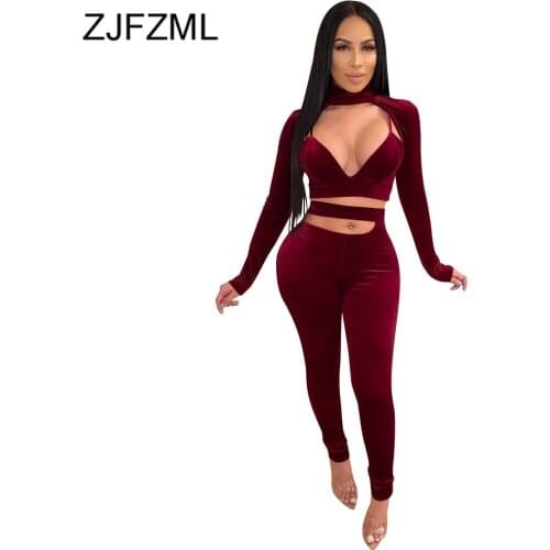 Solid Velvet Tracksuit Women Two Piece Outfits Spaghetti Strap Long Sleeve Crop Top + Side Cut Out Pencil Pant Velour Tracksuit