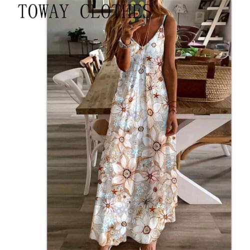 Summer Women Sleeveless V-Neck Floral Print Maxi Long Dress Big Swing Casual Dresses