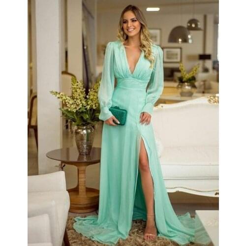 Elegant A-Line Long Chiffon Prom Dresses with Pockets Zipper Back Floor Length Green Side Slit Robe De Soiree Formal Party Gown