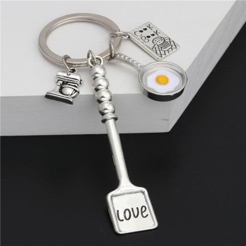 1pc Baking Charms Egg Fry Cooking Utensils Keychains Love Shovel Cookbook Key Ring Chef Foodie Baker Gift Jewelry E1900