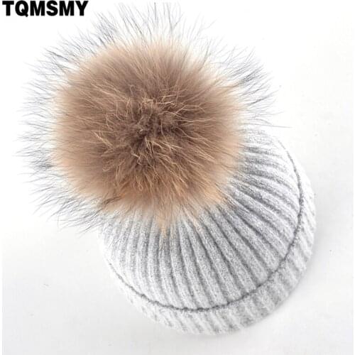 100% real raccoon fur ball hats for women beanies Knitted wool cap girls Solid color casual bone winter beanie fur hats ladies