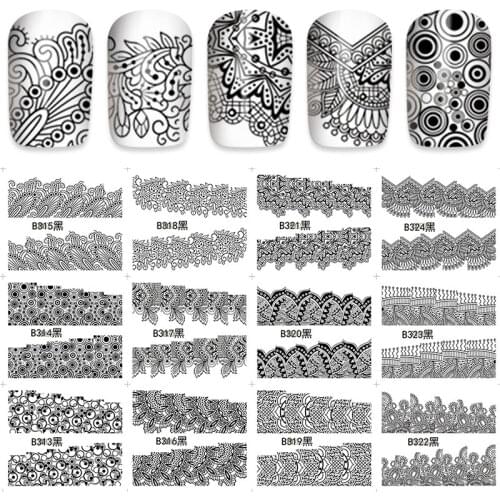 12 sheets beauty black white lace design full water transfer Nail Art Sticker Decals Nails Decorations manicure tools B324