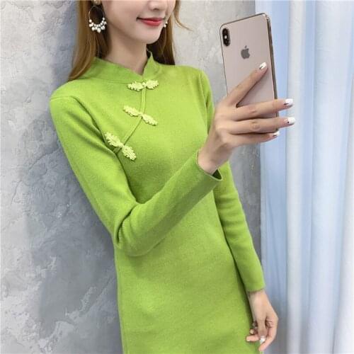 2019 New Arrival Loose Vintage Chinese Style Standing Collar Sleeve Slim Bottoming Sweater Knitted Dress In Autumn And Winter