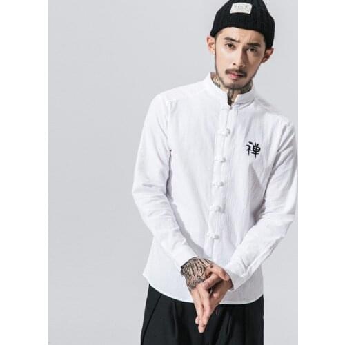 2020 Chinese Clothes Tops Chinese Style Mens Hanfu Asian Traditional Top Tang Suit Long Sleeve Shirt Vintage Kung Fu Solid Color