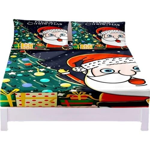 Santa Claus Digital Printed 3pc Polyester Fitted Sheet Mattress Cover Four Corners with Elastic Band Bed Sheet Pillowcases
