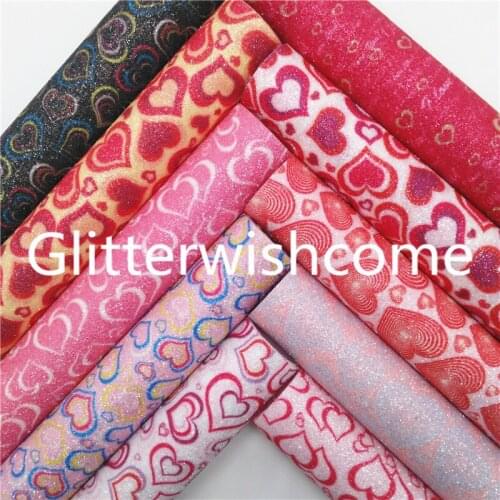 Glitterwishcome 21X29CM A4 Size Hearts Printed Glitter Fabric Glitter Leather fabric Vinyl for Bows, GM842A