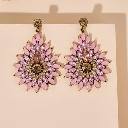 Docona Bohemian Pink Crystal Flower Drop Earrings for Women Girls Fashion Shiny Rhinestones Earrings Jewelry Gift Brincos