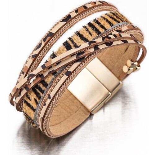 ZG Leopard Leather Bracelet And Bangle Faux Fur Wide Multi-layer Wrap Bracelet Womens Jewelry