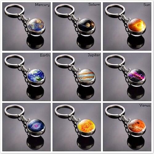1piece Full Moon Keychain Nebula Pendant Solar System Glass Cabochon Long Keyrings Galaxy Space Astronomy Planet Gift Jewelry
