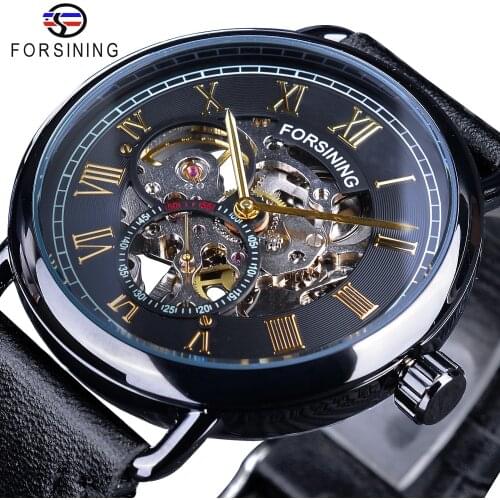 Forsining Black Golden Roman Number Clock Seconds Hands Independent Design Mechanical Hand Wind Watches for Men Water Resistant