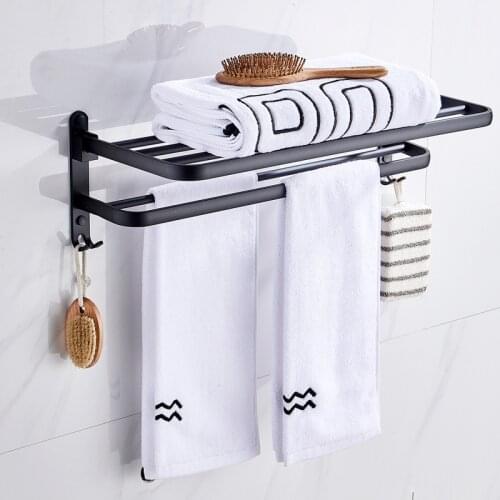 Black Towel Hooks Holder Aluminum Folding Bathroom Shelf Equipment Home Wall-mounted Bathroom Hardware Accessories Without Drill