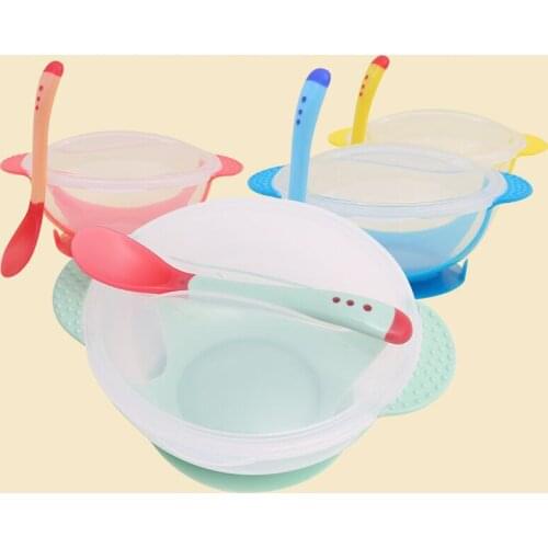 Baby sucker bowl with temperature-sensitive Spoon Set Baby and child training bowl wrapped rubber bowl baby bowl set