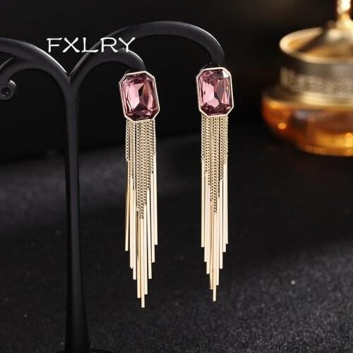 FXLRY luxury Square Long tassel Earrings for Women Wedding Engagement Fashion Jewelry Blue Purple CZ Earring