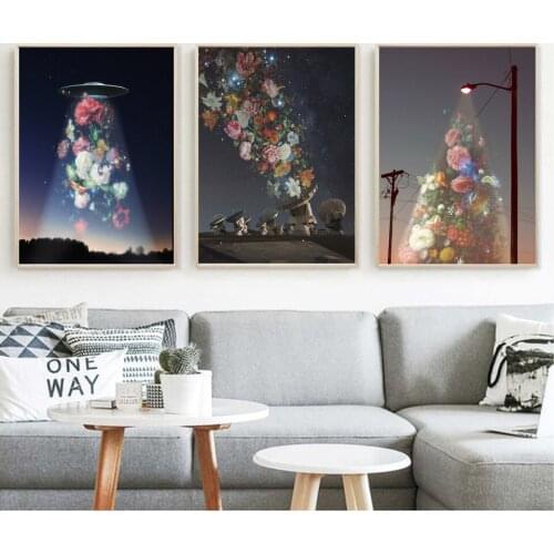 Canvas Painting Posters Surreal Retro Flower Girl In The Starry Sky Wall Art Picture for Living Room Decoration Home Decor