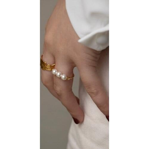 Brass With 18 K Gold Triple Faux Pearl Rings Women Wedding Jewelry Punk Party Designer Club Cocktail Party Japan Korea Fashion