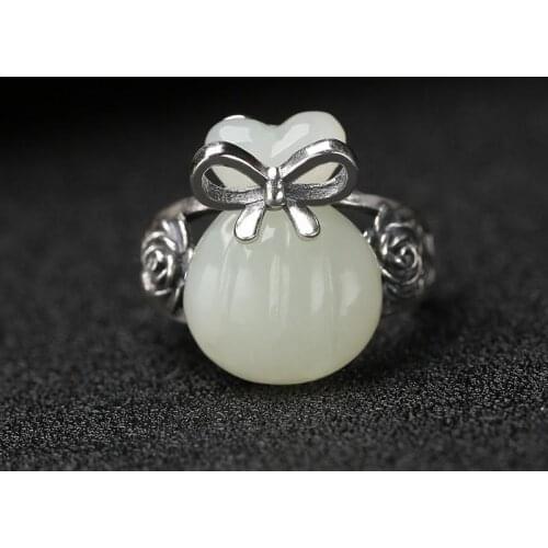 Hotan jade blessing bag New silver ring opening money bag ring live mouth white jade jewelry for mother girlfriend gift