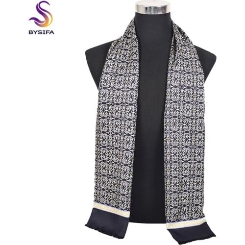 [BYSIFA] Black Pure Silk Men Scarves Printed Top Grade Male Natural Pure Silk Long Scarf Cravat Fall Winter Brand Scarves Ties