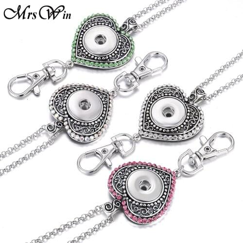 New Snap Button Jewelry Necklaces Rhinestone Love Heart 18mm Snap Button Necklace for Women Snap Keychains Pendant Lanyard