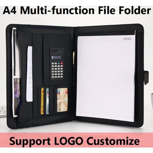 A4 File Organizer Folder for Documents Portfolio Bag PU Leather Multi-function Card Holder File Clip Calculator Office Portfolio