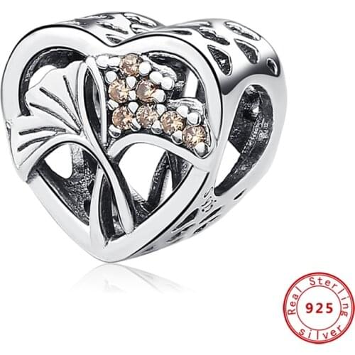 Authentic 925 Sterling Silver Charms Beads Heart Bead Ginkgo Biloba Charms Fit Pandora Original Bracelets Women DIY Jewelry