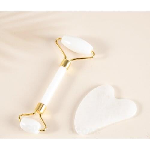 2pcs White Jade Roller Massager For Face Lift Up Natural Stone Gua Sha Scrpaer Set Facial Slimming Chin Skin Care Beauty Tool