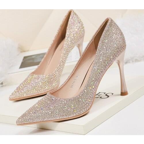 Women pumps Sequined Cloth Slip On 9.5CM Thin Heels High heels Pointed Toe Rhinestones Bling Shallow women shoes size 35-42