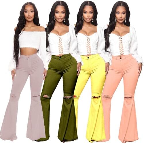 Women Fashion Versatile Wide Leg Holed Elastic Jeans Flared Pants Summer Wide Leg Pants Soild Color Women Hollow Out Trouser