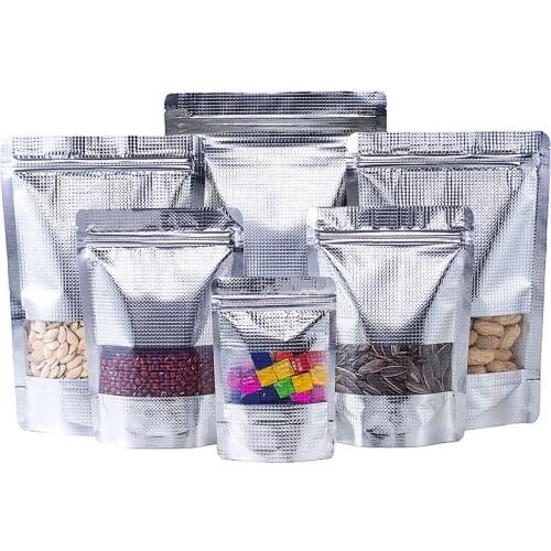 100pcs Silver Aluminum Foil Window Ziplock Bag Food Snack Sugar Coffee Beans Chocolate Spice Self-Sealing Packaging Pouches