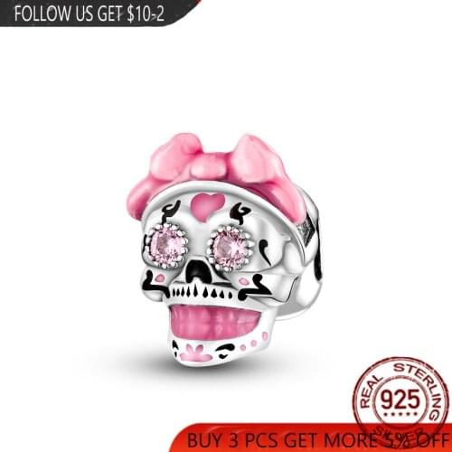 2021 NEW 925 Sterling Silver Pink Female Skull Beads Charms Fit Original Pandora Bracelet Bangle Making DIY Women Jewelry Gift