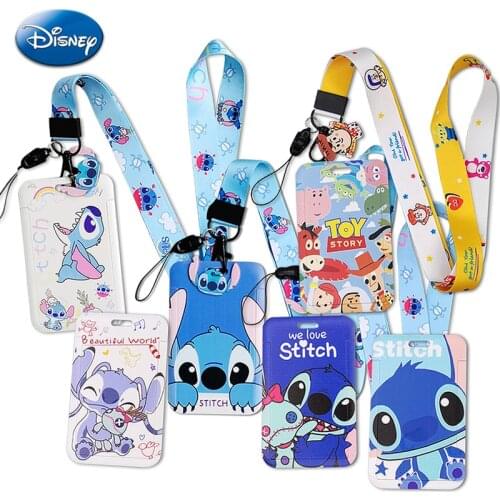 Disney Anime Stitch Kawaii Cartoon ID Credit Bank Card Cover Students Bus Card Case Lanyard Badge Card Holder Adult Kids Pendant