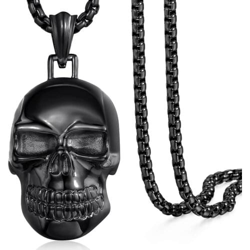 Black Skull Necklace 316L Stainless Steel Pendant for Men 4mm Black Round Box Link Chain Halloween Jewelry Gifts 2021 LHP554