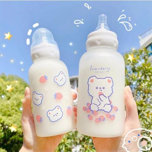 Kawaii Strawberry Bear Milk Water Cups For Children Girls Glass Creative Portable Frosted Travel Drinking Baby Feeding Bottles