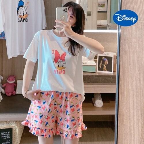 Disney Donald Duck Anime Cartoon Pajamas Women Summer Short Sleeve Sweet Student Thin Korean Loose Home Two-piece Set