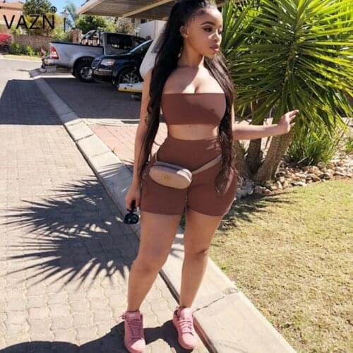 VAZN Age Reduction Beach Sexy Design 2019 Hollow out Solid Strapless Top Short Pants Slim Streetwears 2 Piece Outfits QZX6045