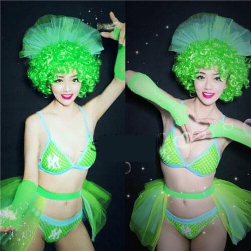 Fluorescent Green Nightclub Bar DJ Costumes Cute Fluffy Yarn Bikini Suit Female Singer DS Stage Performance Clothing DWY3744