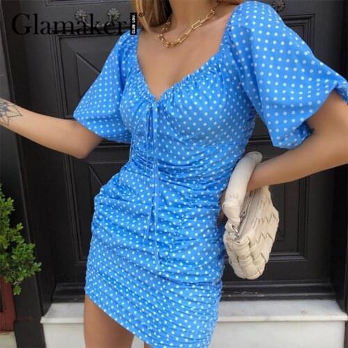 Glamaker Polka dot print bodycon pleated mini dress Sexy blue ruffles fashion party club shir dress Elegant puff sleeve vestidos