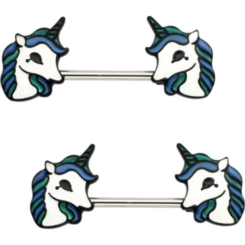 JHJT 2PCS Nipple Rings Unicorn 316L Surgical Steel Shied Barbell Sexy Women Nipple Piercing Body Jewelry Ring 14G