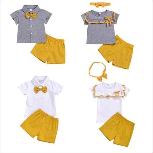 2020 Summer Family Matching Clothes Brother&Sister 2pcs Clothing Set Baby Boys Girls Shirt Blouse+Pants+Hair Band Formal Suit