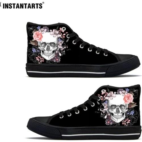 INSTANTARTS Shoes Woman Skull With Flower Print Canvas High Style Women Sneakers Spring Vulcanized Comfort Ladies Zapatos Mujer