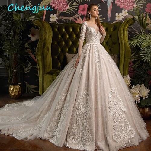 Chengjun Latest Puffy Applique Bridal Luxury Long Sleeve Champagne Color Lace Ball Gown Wedding Dresses