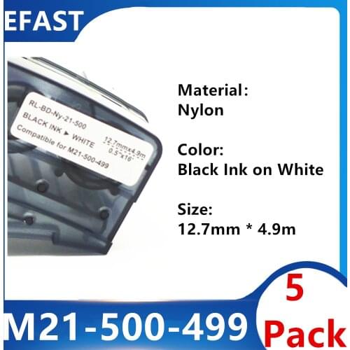 5 Pack M21 500 499 Nylon Label Ribbon For BMP21 PLUS Printer Black On White M21-500-499 12.7mm * 4.9m