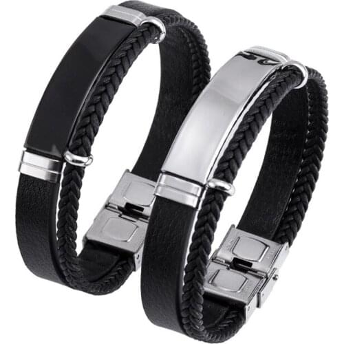 Hot Selling Fashion Creative Couple Jewelry Gift Double Layer Woven Leather Stainless Steel Bracelet