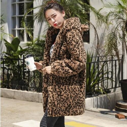 Fashion Leopard Print Rabbit Fur Coat Women Outerwear Winter Thick Warm Plus size Loose Mid Long Faux Rabbit Fur Jacket Female