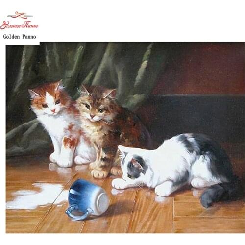 Golden Panno,DIY Needlework Counted Cross Stitch Set Embroidery Kit 14CT 11CT animal Three small milk cats Pattern 07