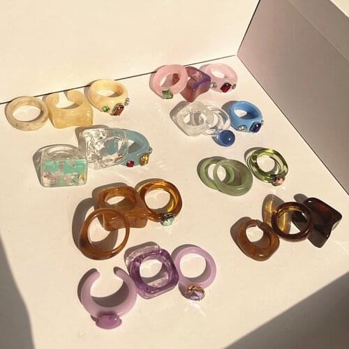 2021 New Fashion Transparent Resin Acrylic Rhinestone Colourful irregular Square Rings Set for Women Jewelry Party