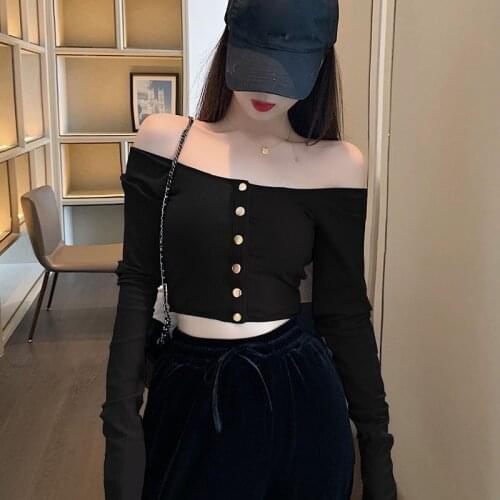 New Arrival Sexy Slash Neck T Shirts Women 2020 Summer Navel Bare Cropped Streetwear Fashion Top Slim Fit Long-sleeved T-shirt