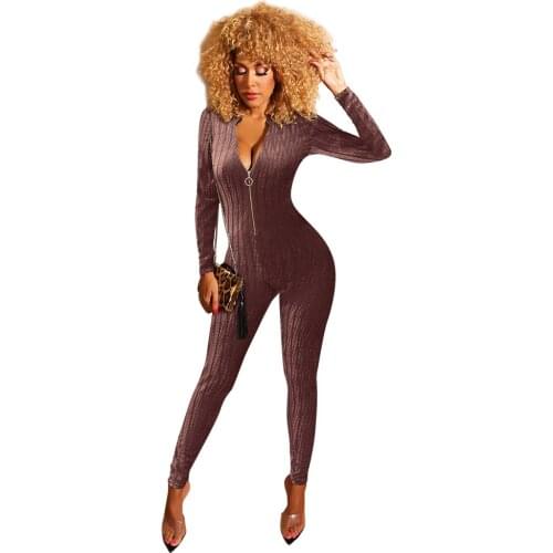 Slim Bodycon Skinny Jumpsuit Sexy V-neck Zipper Women Rompers Velvet Hollow Out Club Outfits Autumn Playsuit Overalls