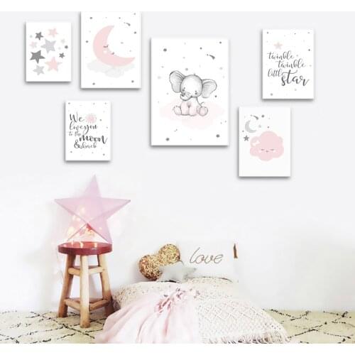 Pink Moon Elephant Cartoon Child Canvas Poster Nursery Quotes Print Wall Art Painting Nordic Kid Baby Girl Room Decor Picture