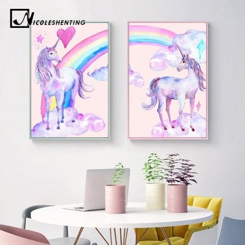 Rainbow Unicorn Posters Canvas Prints Watercolor Pegasus Painting Wall Art Decorative Picture Nordic Style Kids Decoration