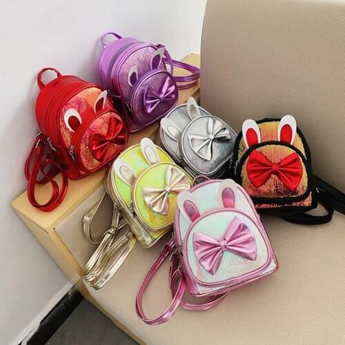 Cute Creative Bowknot Rabbit Ear Backpacks Children Girls Shoulders Bag Fashion PU Leather Sequins Travel Knapsack